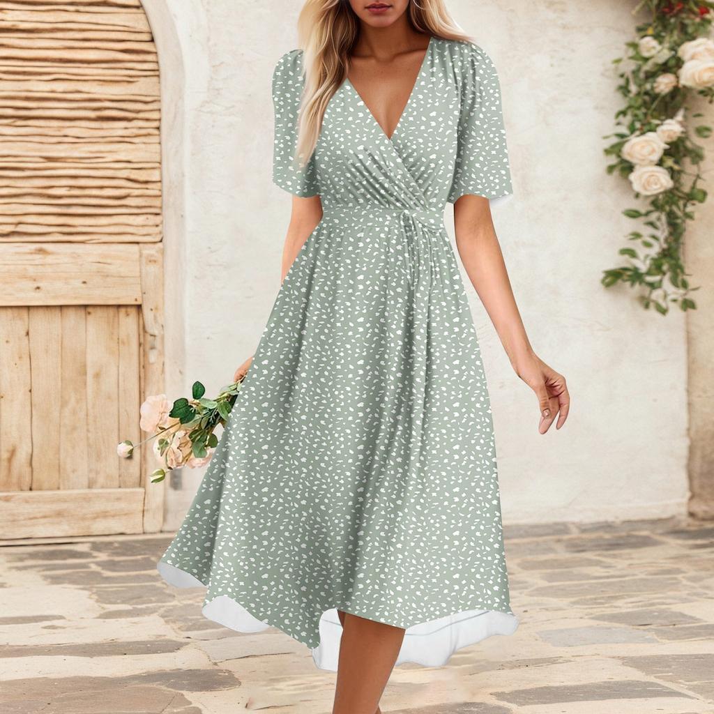 Women's Summer Loose V Neck Short Sleeve Dress, Elegant Dress