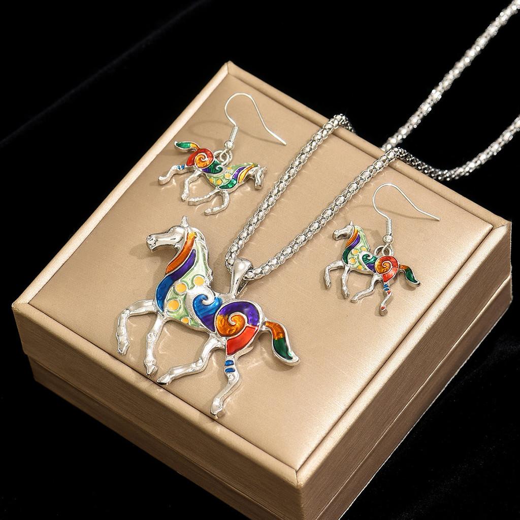 Animal Horse Pendant Necklace With Colorful Oil Drop Design For Women Summer Fashion