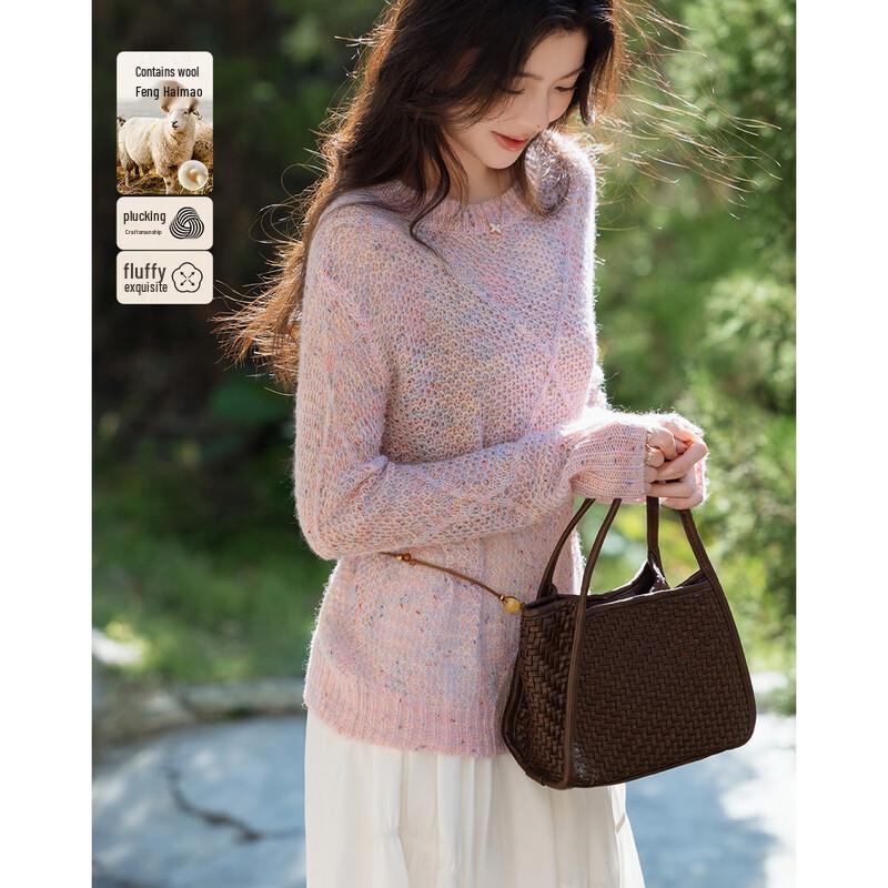 Женский весенний вязаный свитер в ромбы с мохером и шерстью ягненка M