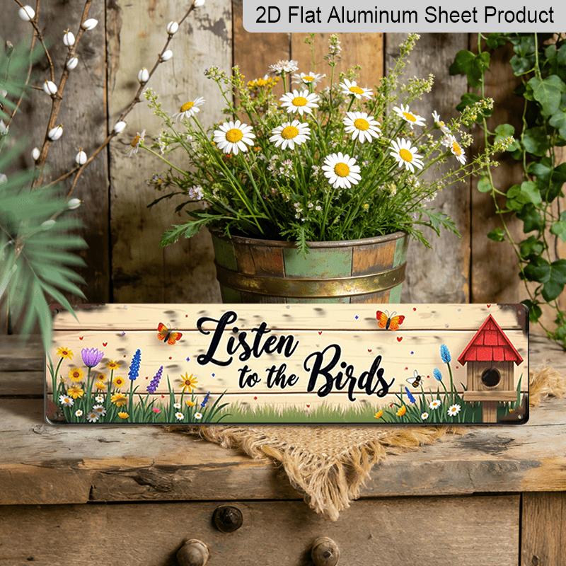 

15.7×3.94inch Rustic Listen to the Birds Metal Wall/Outdoor Garden Sign - Farmhouse Style Wood-Like Texture Aluminum Panel with Birds, Aluminum 40cm x 10cm