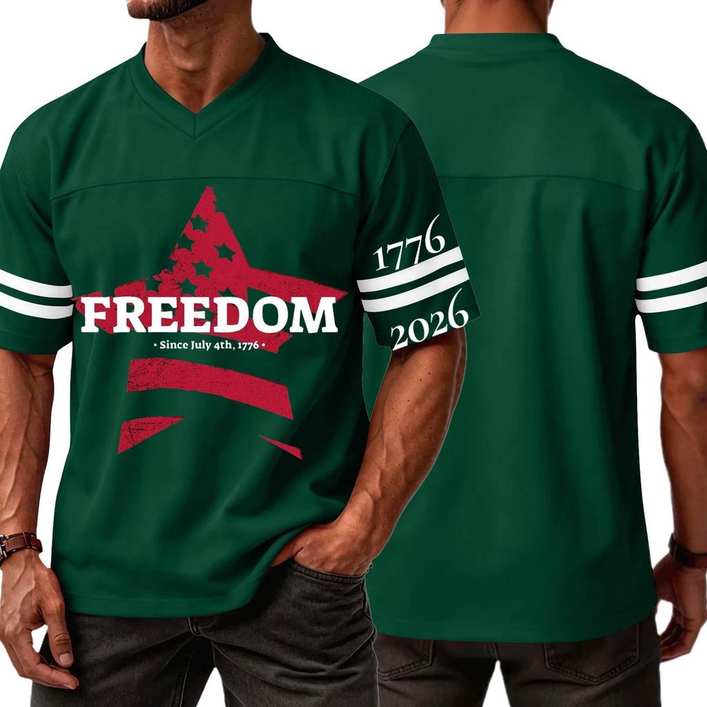 Men's Casual V Neck Short Sleeve Sports Jersey Top with Independence Day Lettering Graphic Print Freedom Since July 4th Patriotic Design