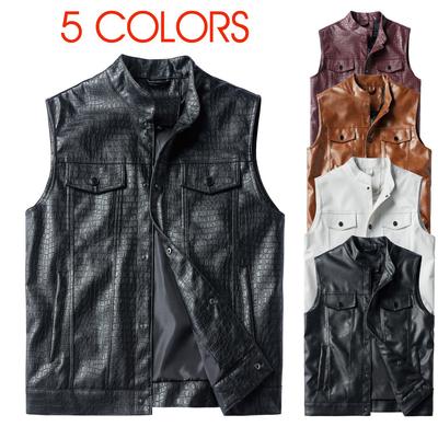 Men's Trendy Multi-Pocket PU Motorcycle Vest with Stand-up Collar, Plus Size