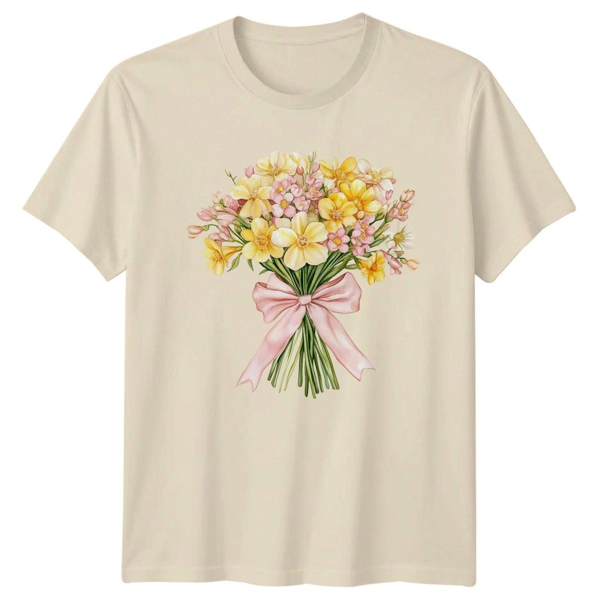 Watercolor Yellow Pink Floral Bouquet Womens T-Shirt Spring Flowers Botanical M
