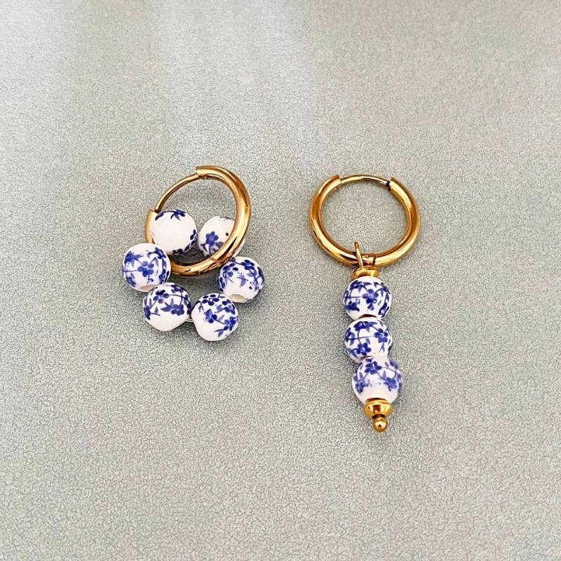 Vintage New Chinese Style Asymmetric Stainless Steel Blue And White Porcelain Beaded Earrings For Women