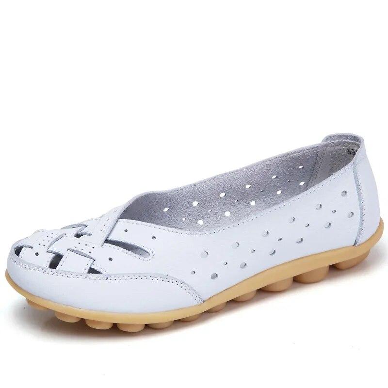 Novas sandálias femininas moda sola macia salto plano oco sapatos planos mulher sapatos de couro genuíno feminino casual 2024