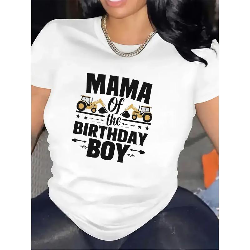 

Black & White Mama of The Birthday Construction Print Tee Short Sleeve Casual Party Top 4XL білий