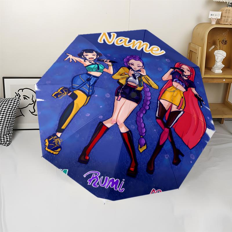 Ombrello Stampato Personalizzato con Nome K-KPop Demon Hunters - Apertura/Chiusura Automatica, Struttura Robusta a Otto Stecche, Ombrello Pieghevole Automatico