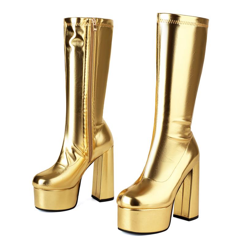 Metallic Gold Silver Stretch Knee High Platform Boots Women Chunky Heels Sexy Party Dress Winter Lady Zipper Elastic Long Boots