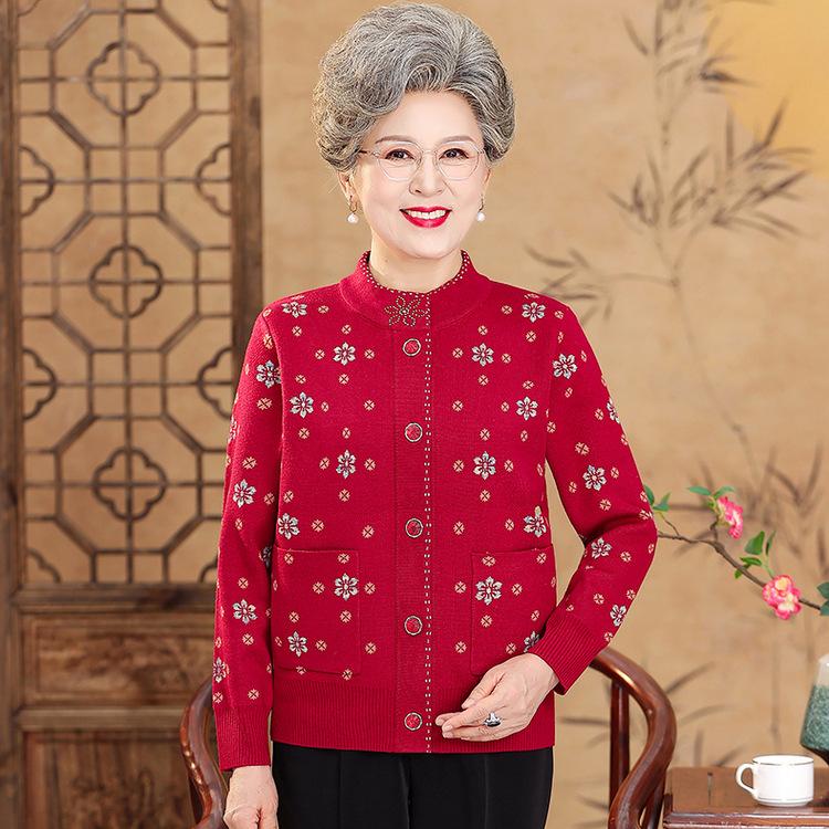 Middle-aged and Elderly Women's Grandmother's Suit Plus Velvet Thickened Spring and Autumn Old Lady Top Coat Mother's Suit Winter Sweater Cardigan