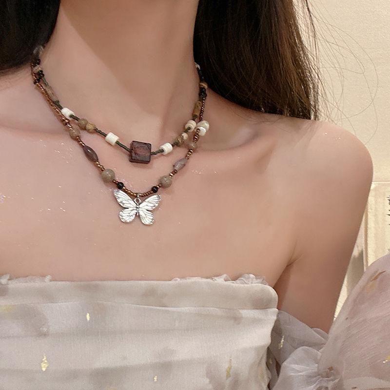 Guochao New Chinese Coffee Square Butterfly Beaded Necklace Female Wide Retro Literary Niche High-end Antique Accessories