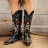 2025 European American Fashion Autumn Winter New Women's Mid Heel Leather Boots Pointed Toe Embroidered Western Boots