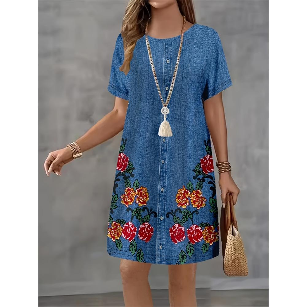 Women's Summer Short Seeved Round Neck Casual Mini Dress Vintage 3D Imitation Denim Printed Dress Elegant Women's Dress Vestidos