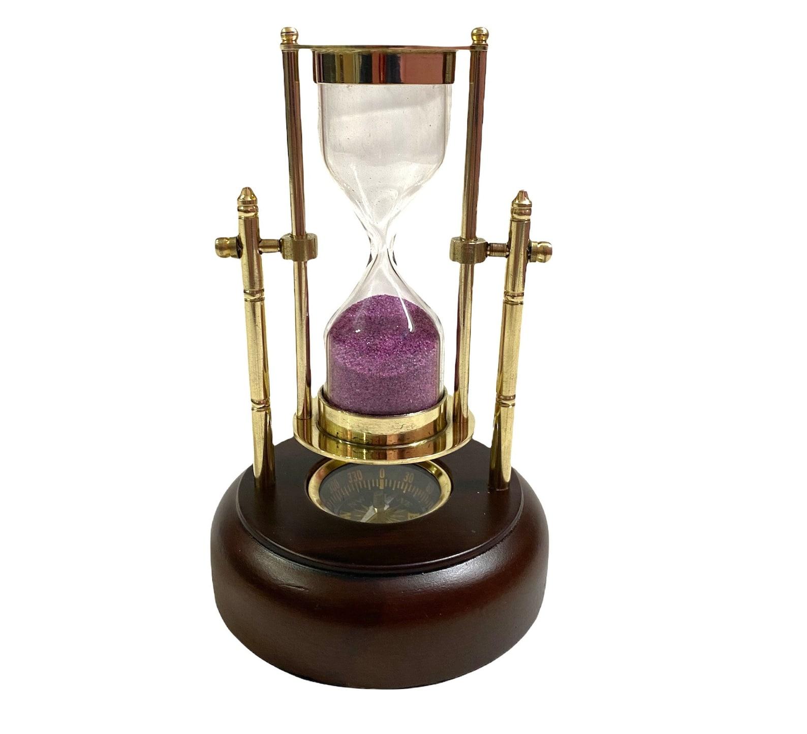 Brass Compass Hourglass with Purple Sand | 1 Minute Nautical Timer | Vintage Maritime Desk Decor