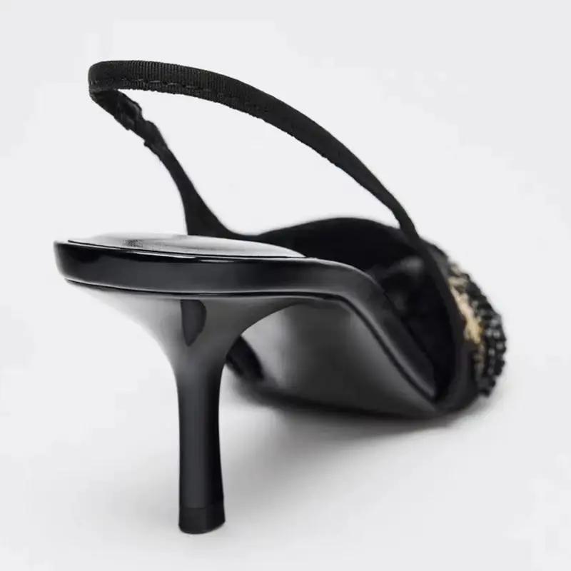 Fashion Bling Black Mesh String Bead Embellish Brand Pumps Women Elegant Pointed Toe Back Strap Thin Heel Slide Sandals Party Dress Shoe