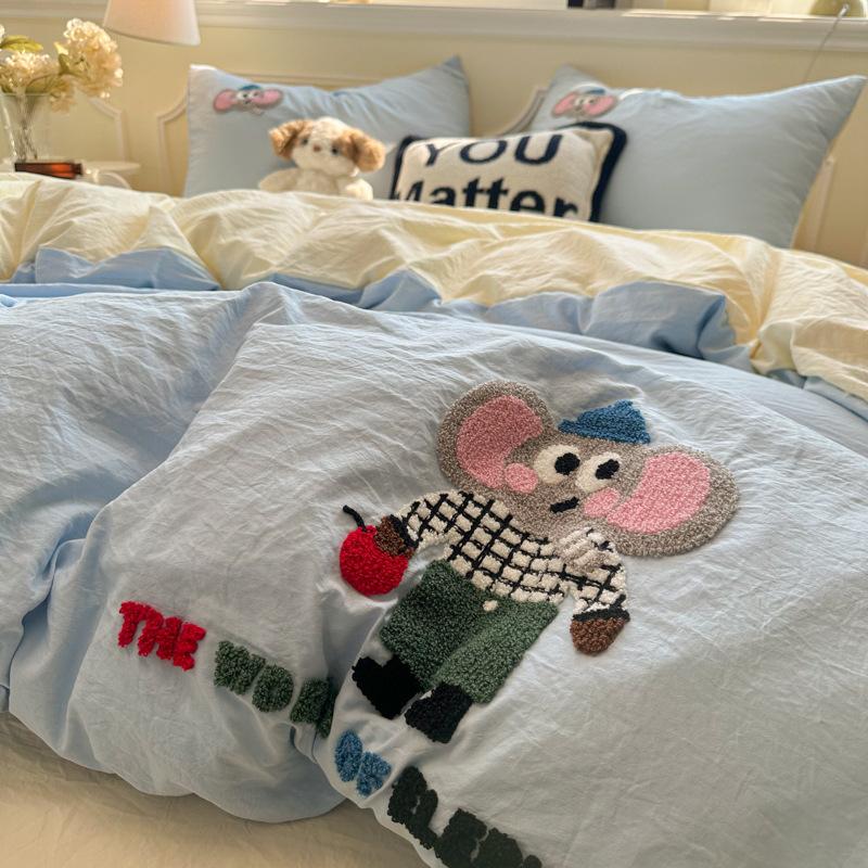 Cartoon Cotton Towel Embroidered Comforter Set Machine Washable Bed Linen Bedding Spring New Soft Breathable Fitted Sheet