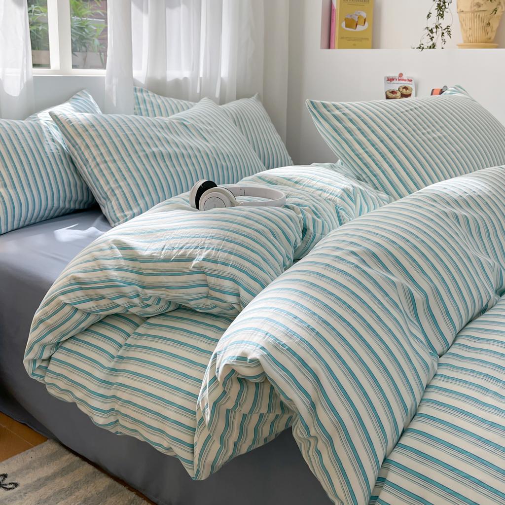 3/4 Pcs Blue Checkered Bedding Set Simple Style Soft Skin Friendly Duvet Cover Flat Sheet and Pillowcases Single Double Bed Sets