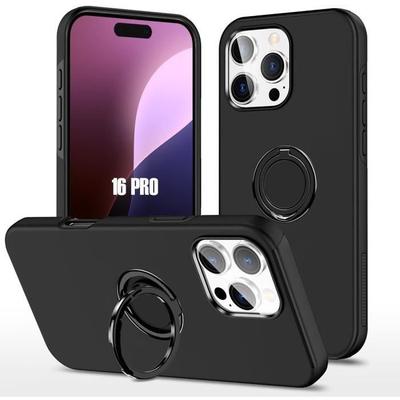 Silikonhülle - für iPhone 16 Pro - Schwarz - Stützring - Stoßfester Schutz - Flexibel