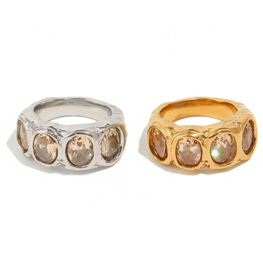 Hammered Finish Oval Zircon Ring Oval Cut Gold Plated Band Elegant Stainless Steel Ring  for Women