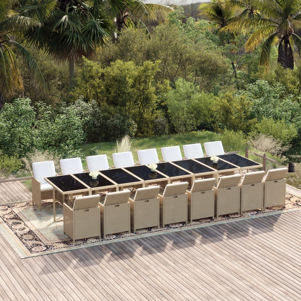 17 piece beige poly rattan garden dining set with cushions