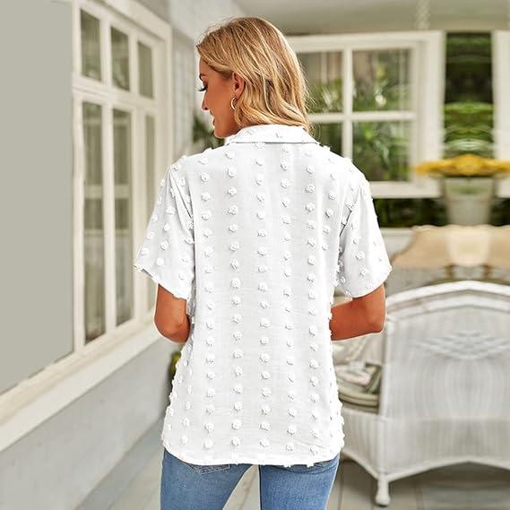 Haut chemisier chemise pour femme, été, col à revers, couleur unie, ample, manches courtes, polyvalent