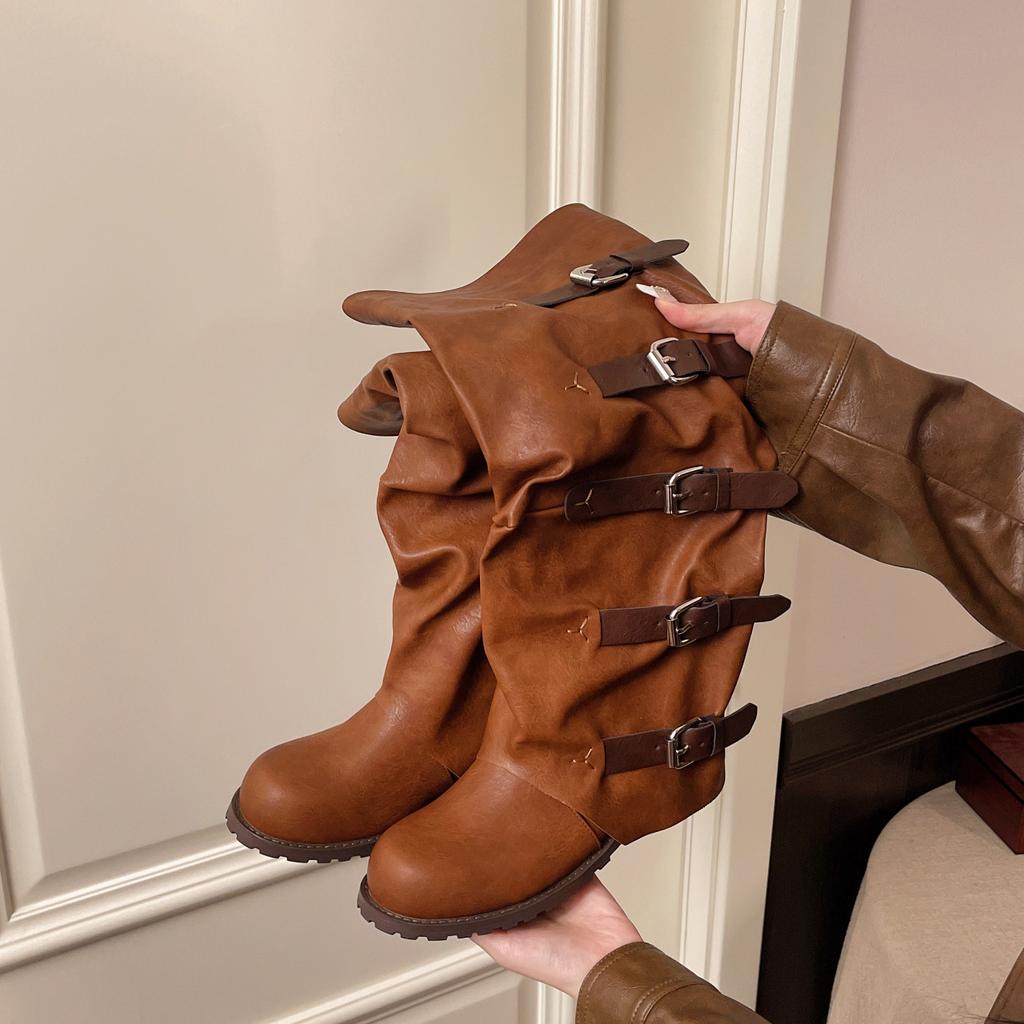 Women's Wide Width Hong Kong Style Boots, Buckle Detail Knee High Leather Boots, Chunky Heel Wholesale Booties for Women