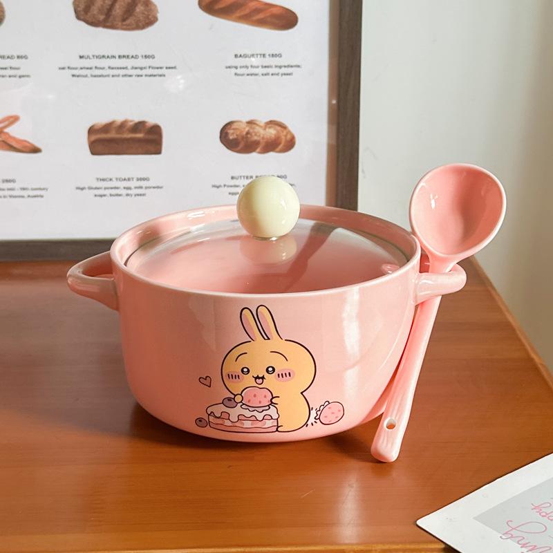 High-value Cute Tableware Ceramic Instant Noodle Bowl with Lid Children's Rice Bowl Student Dormitory Instant Noodle Bowl Binaural Soup Bowl