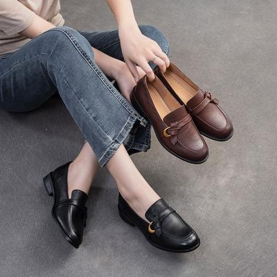 Mocassins rétro de style britannique en cuir véritable, chaussures polyvalentes à talons bas pour femmes