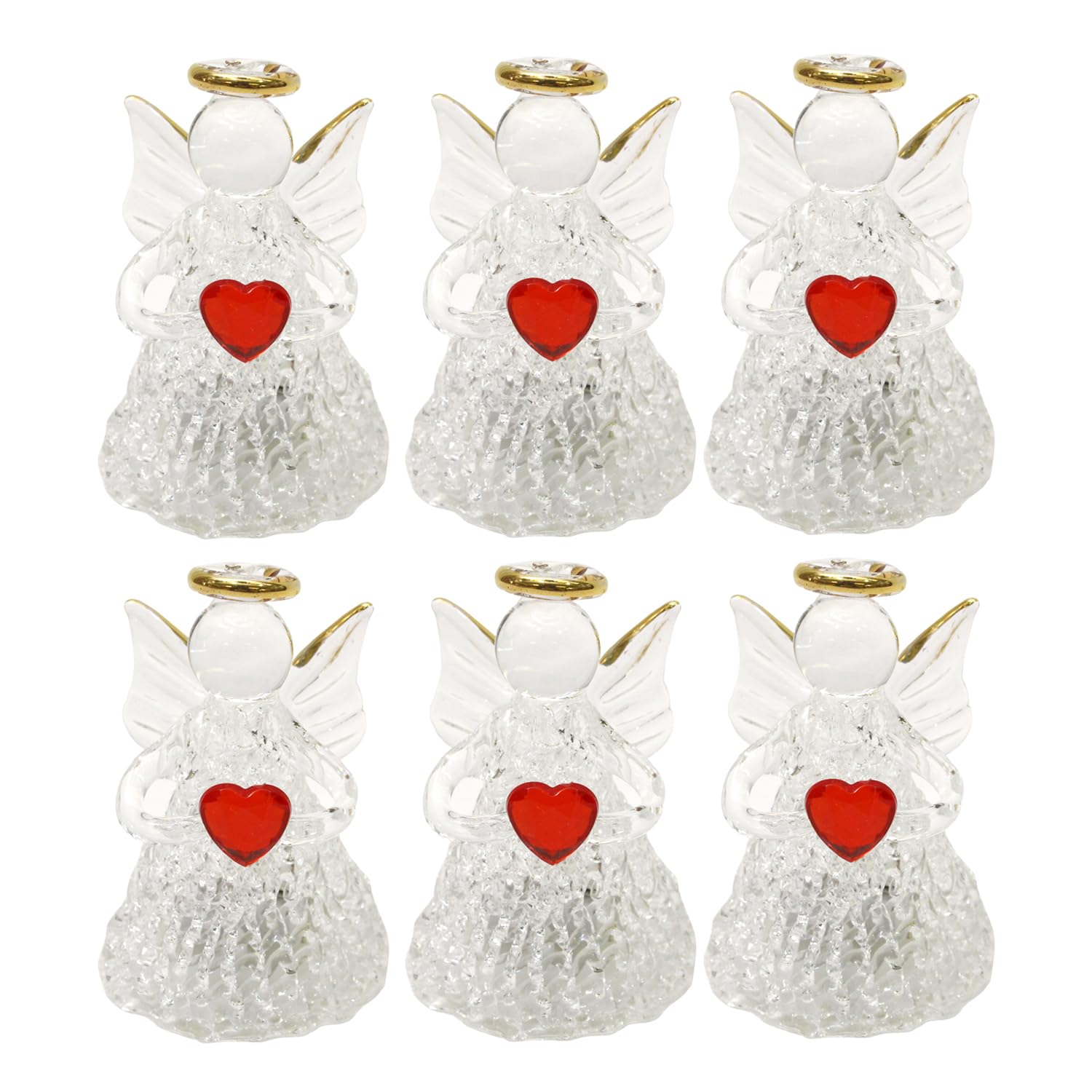 

Fourcart Handmade Glass Crafts, LED Light-Up Heart Angels, Set of 6