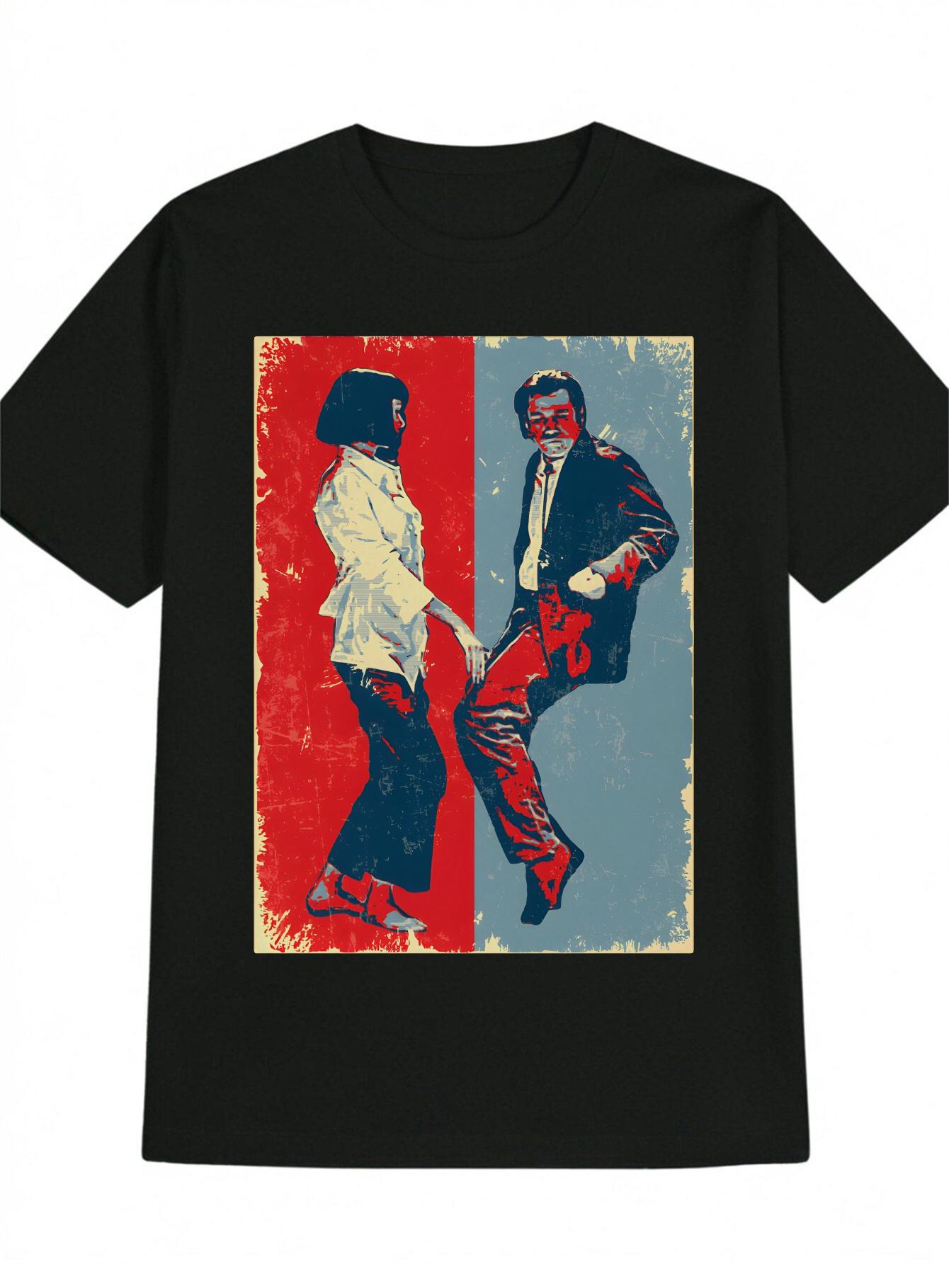Casual Crew Neck T-shirt with Retro Dance Print - Vibrant Red & Blue Design XXXXL