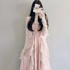 Spring 2026 Women's Sweet Ruffle Maxi Dress Set with Jacket and Cinched Waist Spaghetti Straps