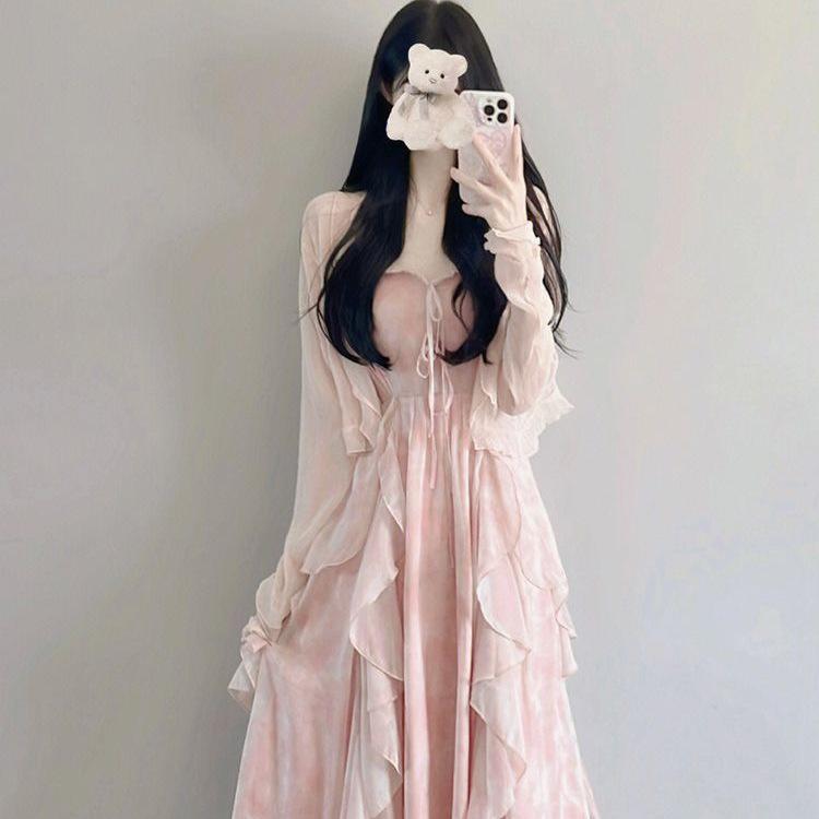 Spring 2026 Women's Sweet Ruffle Maxi Dress Set with Jacket and Cinched Waist Spaghetti Straps