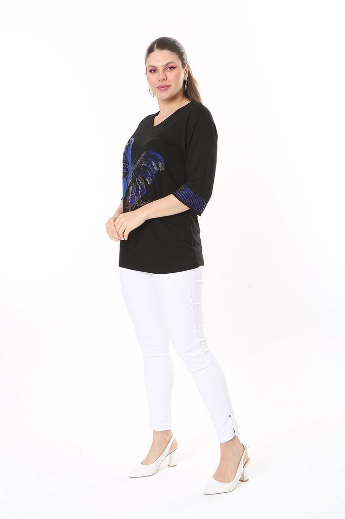 Women's Big Size Blouse Plus Size Black Butterfly Print and Stone Detailed Short Sleeve Blouse