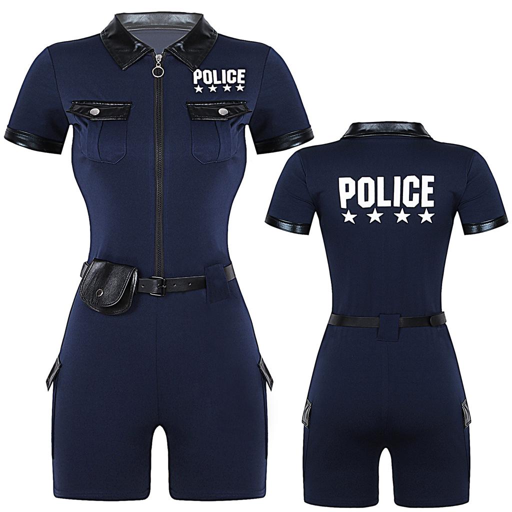 Womens Dirty Cop Policewoman Dress Up Costume Front Zipper Short Sleeve Jumpsuit with Belt  and Purse Police Uniform Costume