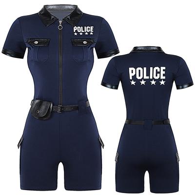 Womens Dirty Cop Policewoman Dress Up Costume Front Zipper Short Sleeve Jumpsuit with Belt  and Purse Police Uniform Costume