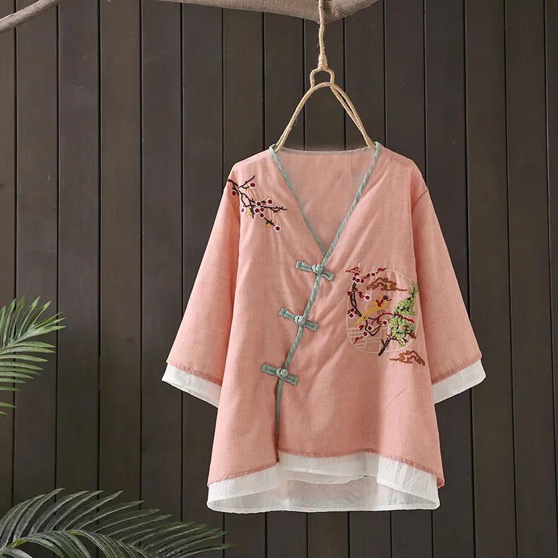 Embroidered V-Neck Chinese Style Buttoned Cardigan Dress – Women's Retro Five-Point Sleeve