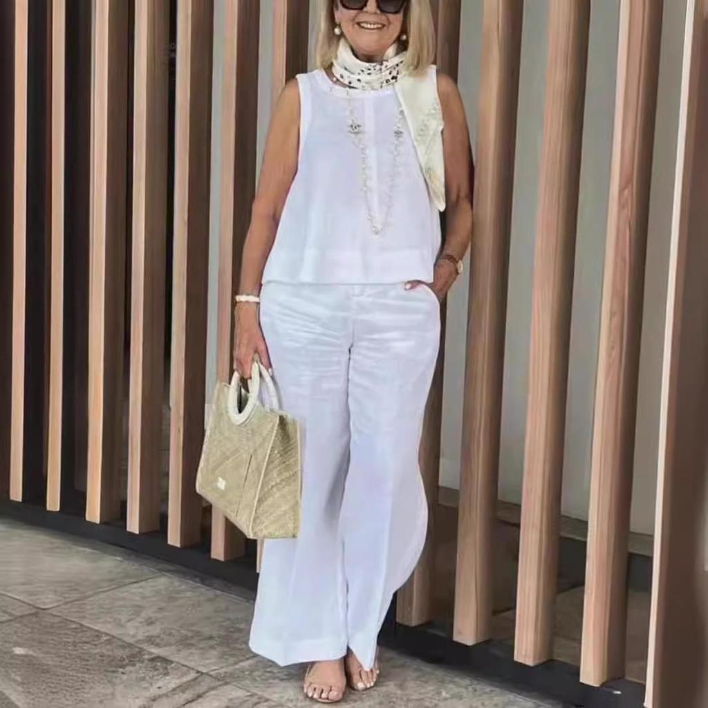 Damenanzüge Sommermode Ärmellose lockere Bluse Weitbeinige Hose Zweiteilige Sets für Damen Freizeitoutfits