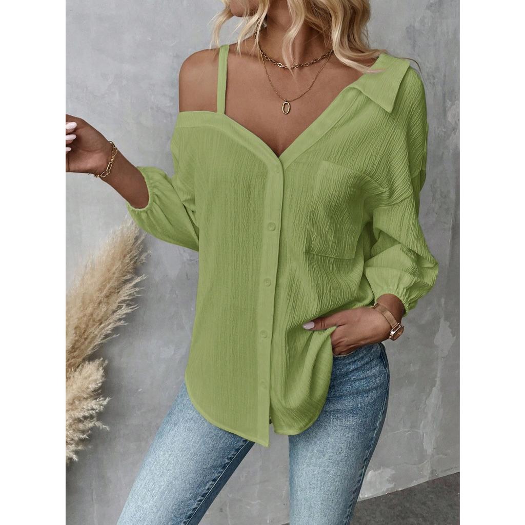Spring Summer Lapel 3/4 Sleeve Off Shoulder Textured Single-breasted Casual Shirt Cardigan for European American Crossbody