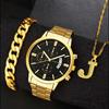 Men'S Casual Trend Business Fake Three-Eye Calendar Quartz Watch + Bracelet + Necklace (3Pcs/Set) Men'S Watch
