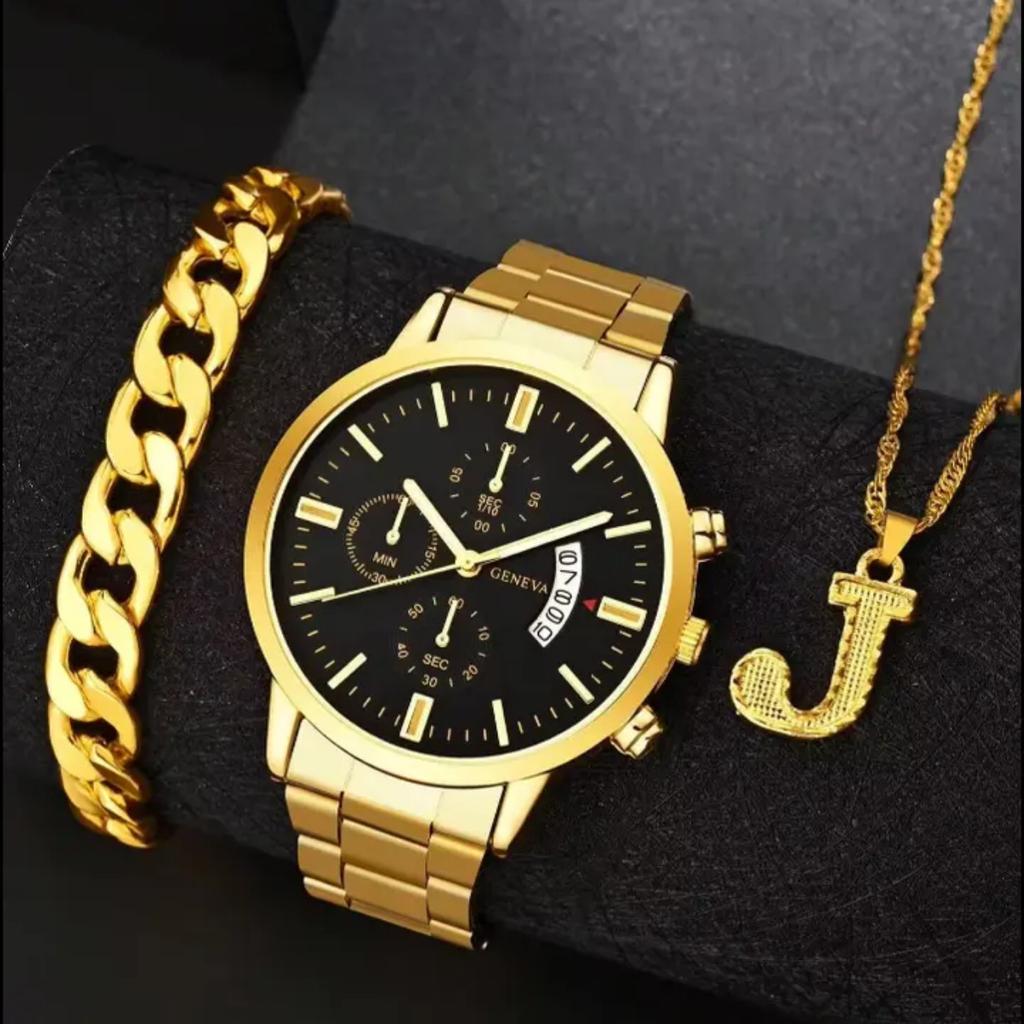 Men'S Casual Trend Business Fake Three-Eye Calendar Quartz Watch + Bracelet + Necklace (3Pcs/Set) Men'S Watch