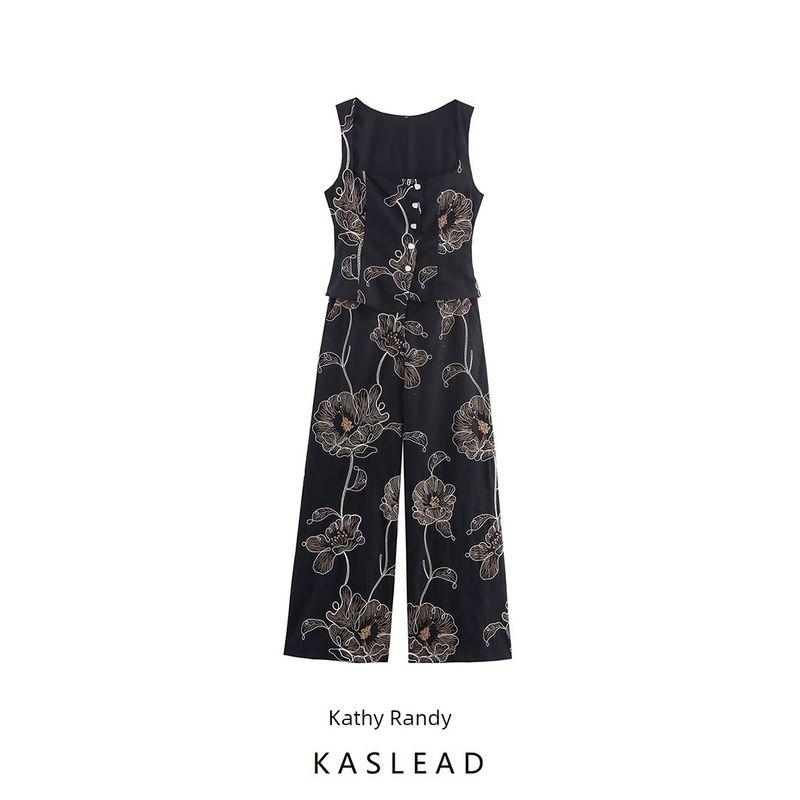 Kaslead New Women Clothes Western Style Fashion Simple Flower Embroidery Jumpsuit 8413717