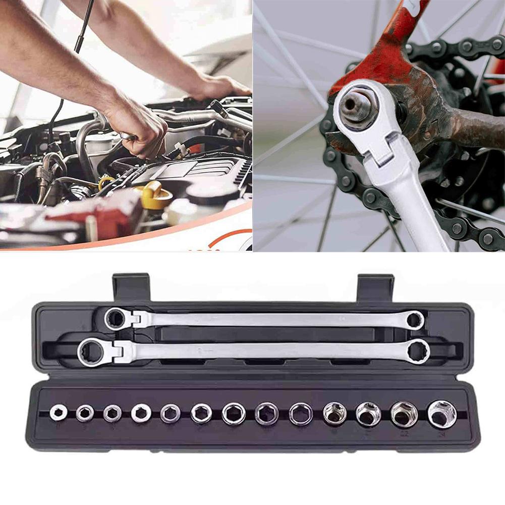 15Pcs Hex Head Wrench Adjustable Ratchet Wrench Kit Chrome Vanadium Steel Ratcheting Spanner Set Car Repair Hand Tools