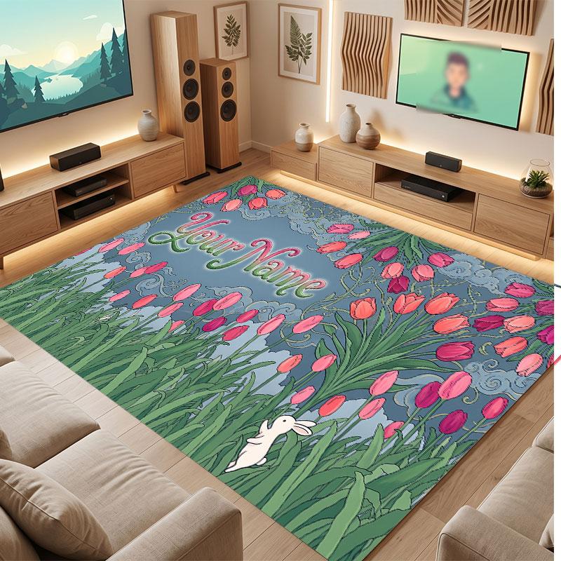 Floral Garden Theme Crystal Velvet Floor Rug Personalized Custom Name Text Warm Carpet Home Decoration