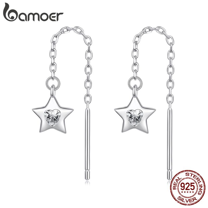 

BAMOER 925 стерлингового серебра снежинка капли висячие серьги для женщин подростков элегантные длинные висячие серьги кисточка продеватель 4.0*0.6cm серебряный