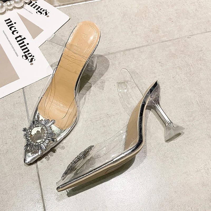 Mote 2024 Sommer Damesandaler Ensfarget Spiss Tå Rhinsteinsdekorert Damesandaler Gjennomsiktig Stropp Stiletthæl Slip-on