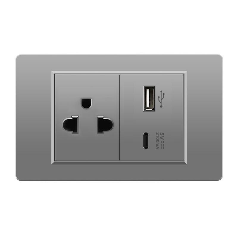 118 Type Switch Six-Hole Gray Wall Socket with Type-C 20W, Thai Style & PC Panel, Taiwan Socket