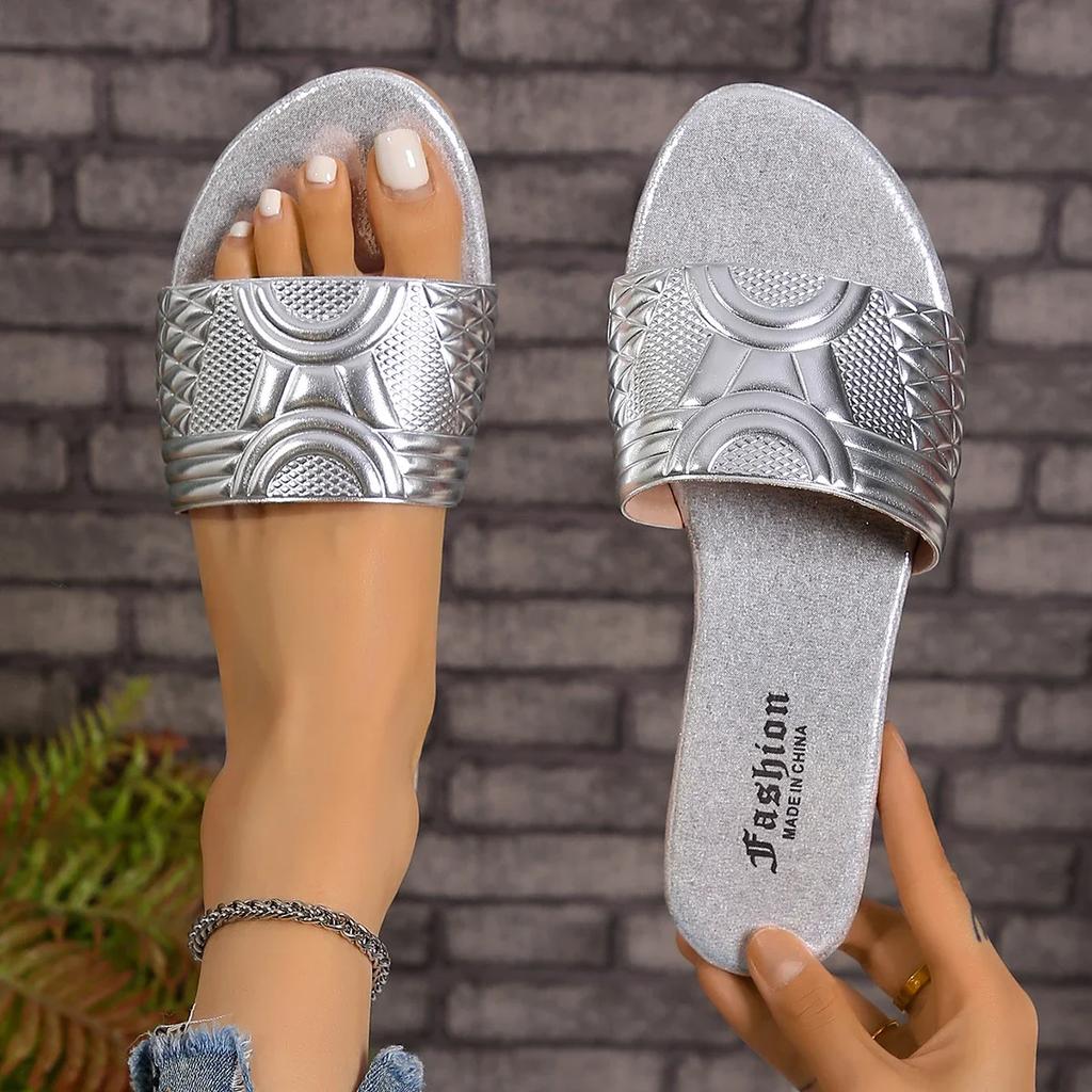 Ladies Casual Slides Female Leather Slippers for Women Shoes Flat Sandals Peep Toe Gold Silver Beach Slippers Flat Shoes