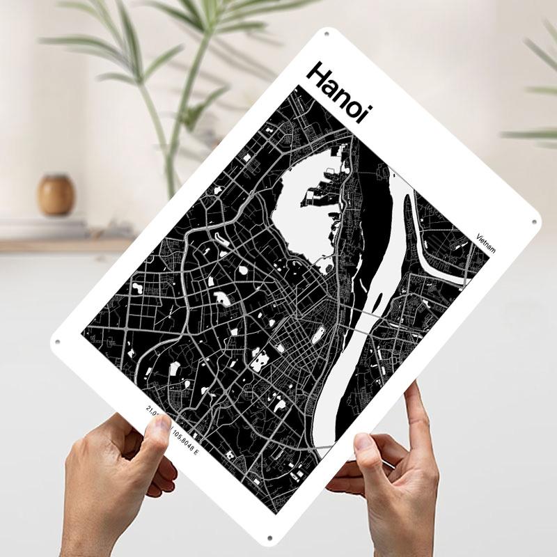 Hanoi Black and White Map Poster Customized Vintage Metal Signs Wall Art Retro Tin Plaque for Home Decor Living Room House Items