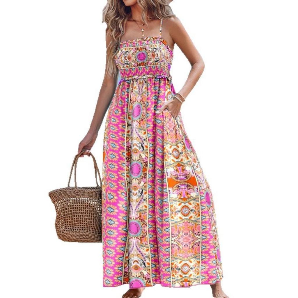 Women's  Summer Fashion Printed Backless Strapless Maxi Suspender Dress for Vacation