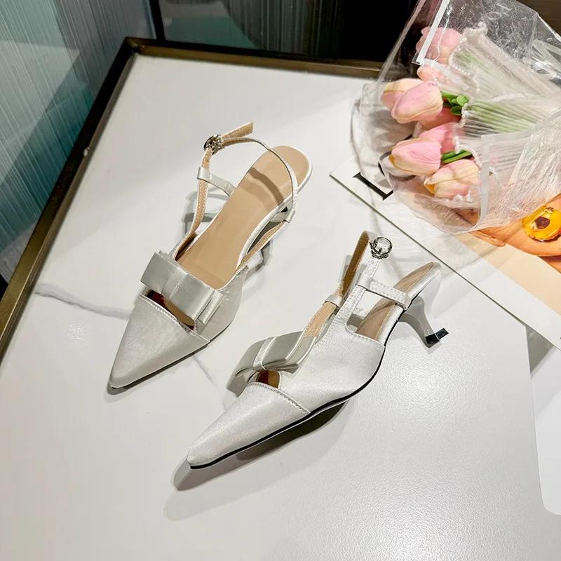 Fashion Pointy Head Shallow Mouth Butterfly Knot Stiletto Sandals Women Fashion Bun Head Line with Anti-slip Wear-resistant High Heels
