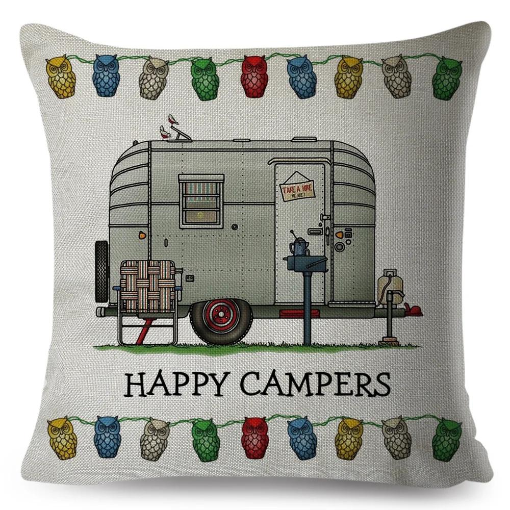 Happy Camper Pillowcase Decor Cartoon Travel Car Printed Pillow Case for Home Sofa Children Room Polyester Cushion Cover 45x45cm